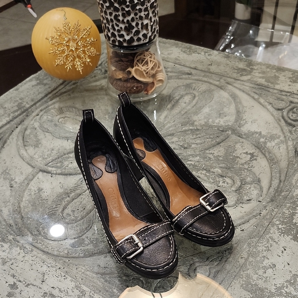 Chloe Brown leather Women's block heel Shoes with Buckle Detail 37